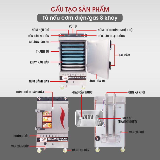 Các bộ phận của tủ cơm công nghiệp 8 khay điện gas có điều khiển 