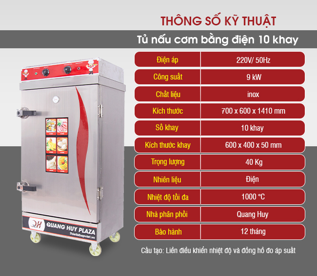 Tủ cơm công nghiệp bằng điện Quang Huy 10 khay