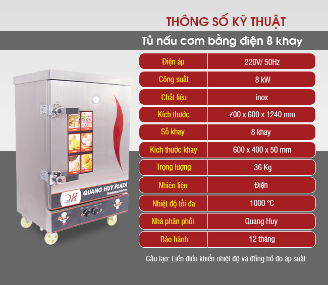 Tủ cơm công nghiệp bằng điện Quang Huy - 8 khay