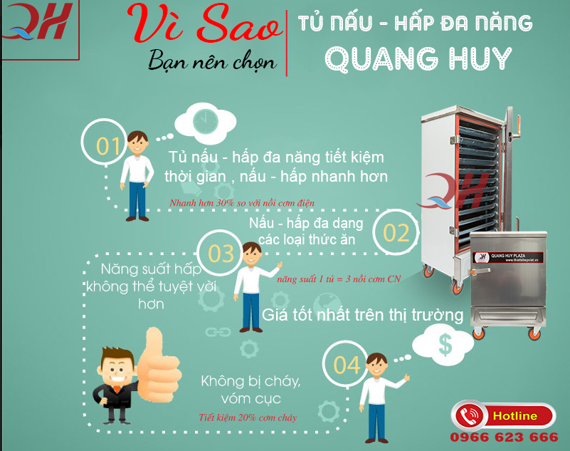Những lý do vì sao nên chọn tủ nấu cơm công nghiệp - tủ cơm đa năng Quang Huy