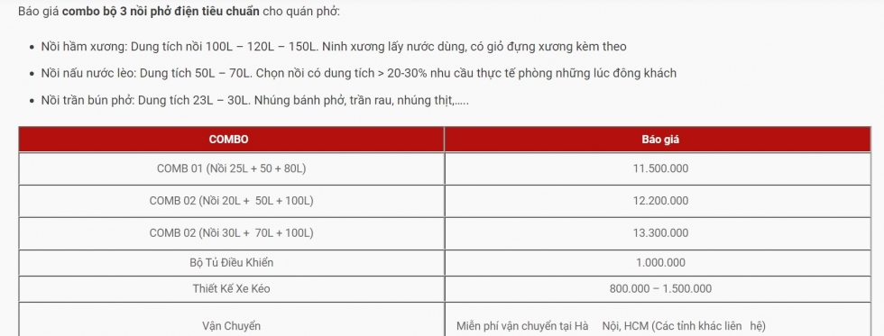 Bàng giá combo sản phẩm nồi nấu phở bằng điện tại cơ khí Quang Huy